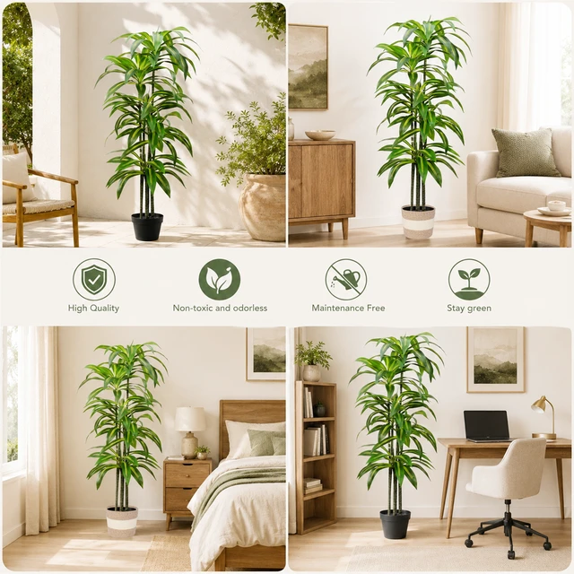 Alt view image 2 of 7 - Dracaena Artificial Plant Indoor Large Tropical Fake Tree with Lifelike Leaves Tall Faux Floor Plant in Pot Artificial
