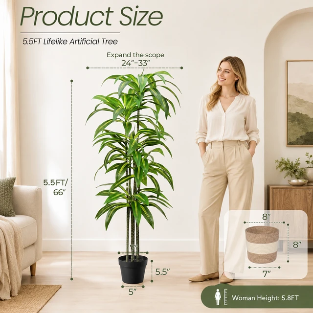 Alt view image 3 of 7 - Dracaena Artificial Plant Indoor Large Tropical Fake Tree with Lifelike Leaves Tall Faux Floor Plant in Pot Artificial