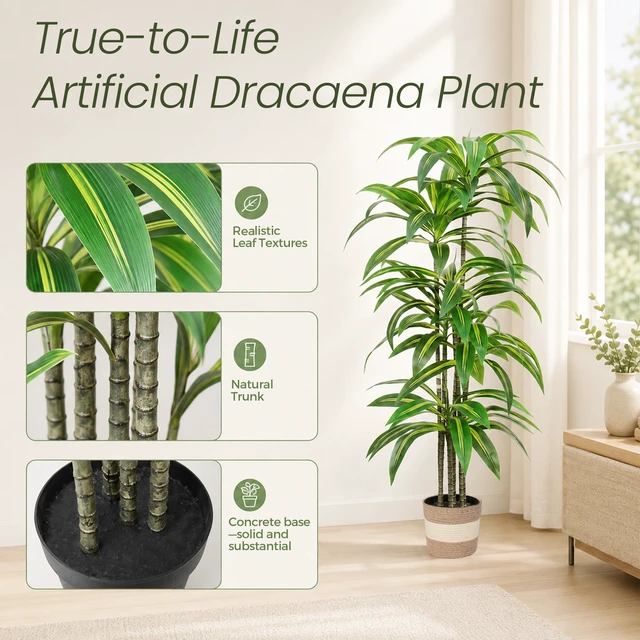 Alt view image 5 of 7 - Dracaena Artificial Plant Indoor Large Tropical Fake Tree with Lifelike Leaves Tall Faux Floor Plant in Pot Artificial