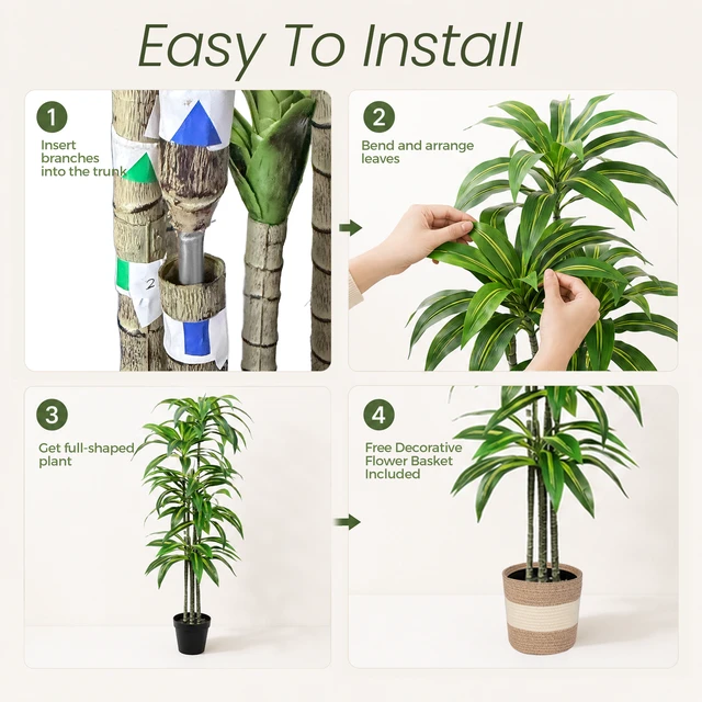 Alt view image 4 of 7 - Dracaena Artificial Plant Indoor Large Tropical Fake Tree with Lifelike Leaves Tall Faux Floor Plant in Pot Artificial