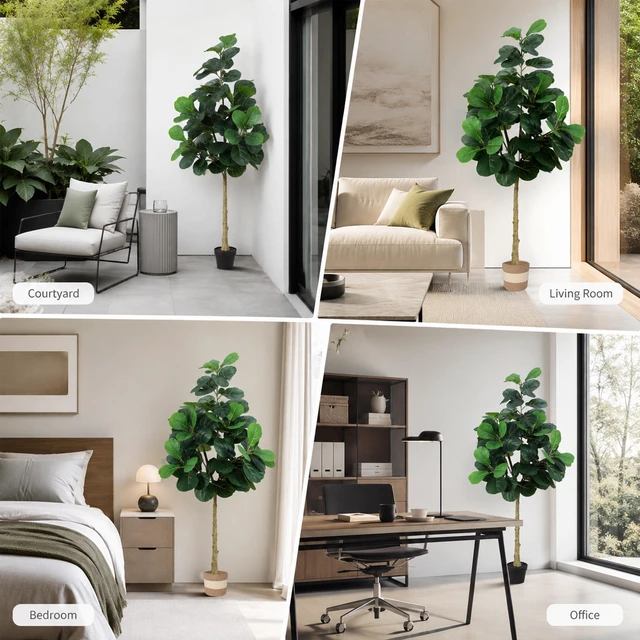 Alt view image 2 of 7 - Artificial Fiddle Leaf Fig Tree with Planter Fake Trees Faux Ficus Lyrata Floor Plants for Indoor Decor Living