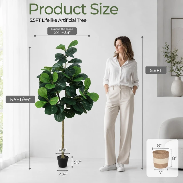 Alt view image 3 of 7 - Artificial Fiddle Leaf Fig Tree with Planter Fake Trees Faux Ficus Lyrata Floor Plants for Indoor Decor Living