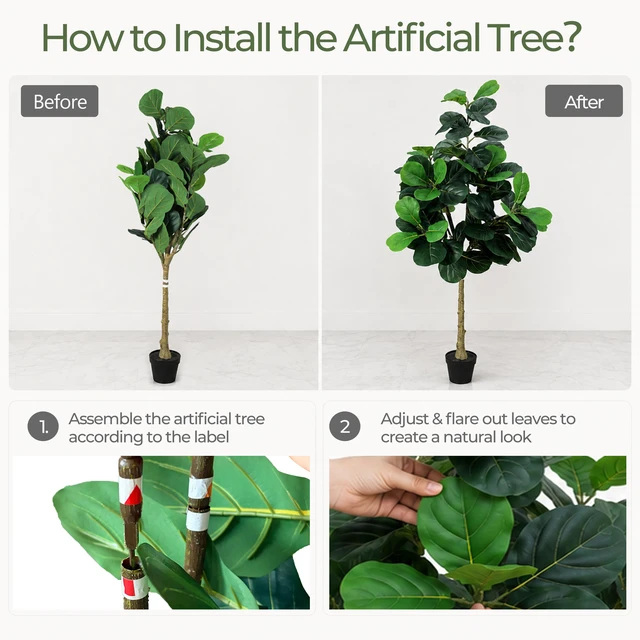 Alt view image 4 of 7 - Artificial Fiddle Leaf Fig Tree with Planter Fake Trees Faux Ficus Lyrata Floor Plants for Indoor Decor Living