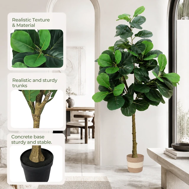 Alt view image 5 of 7 - Artificial Fiddle Leaf Fig Tree with Planter Fake Trees Faux Ficus Lyrata Floor Plants for Indoor Decor Living