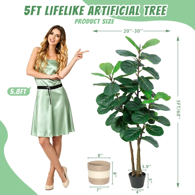 Alt view image 3 of 7 - Artificial Fiddle Leaf Fig Tree with Planter Fake Trees Tall Faux Ficus Lyrata Floor Plants for Indoor Decor Living