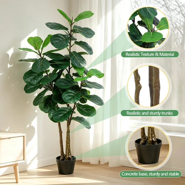 Alt view image 5 of 7 - Artificial Fiddle Leaf Fig Tree with Planter Fake Trees Tall Faux Ficus Lyrata Floor Plants for Indoor Decor Living