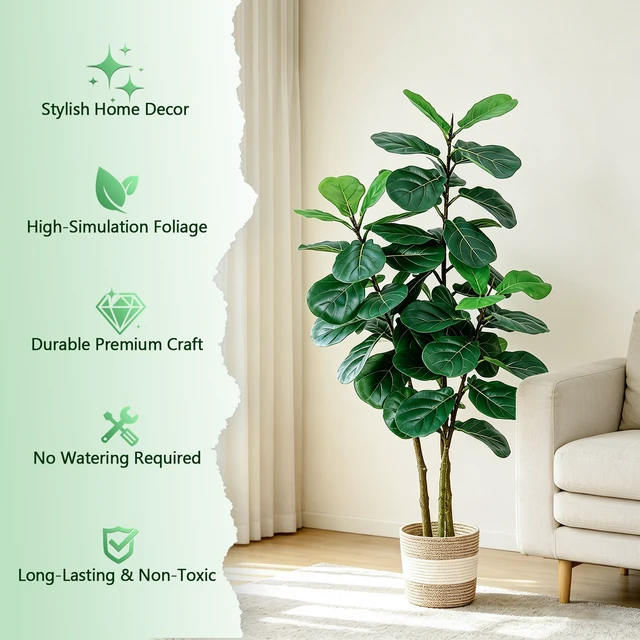 Alt view image 7 of 7 - Artificial Fiddle Leaf Fig Tree with Planter Fake Trees Tall Faux Ficus Lyrata Floor Plants for Indoor Decor Living