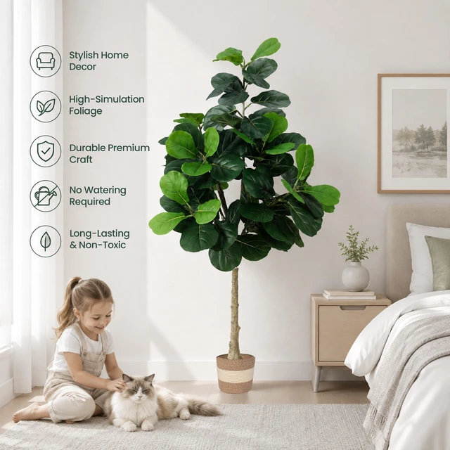 Alt view image 7 of 7 - Artificial Fiddle Leaf Fig Tree with Planter Fake Trees Faux Ficus Lyrata Floor Plants for Indoor Decor Living