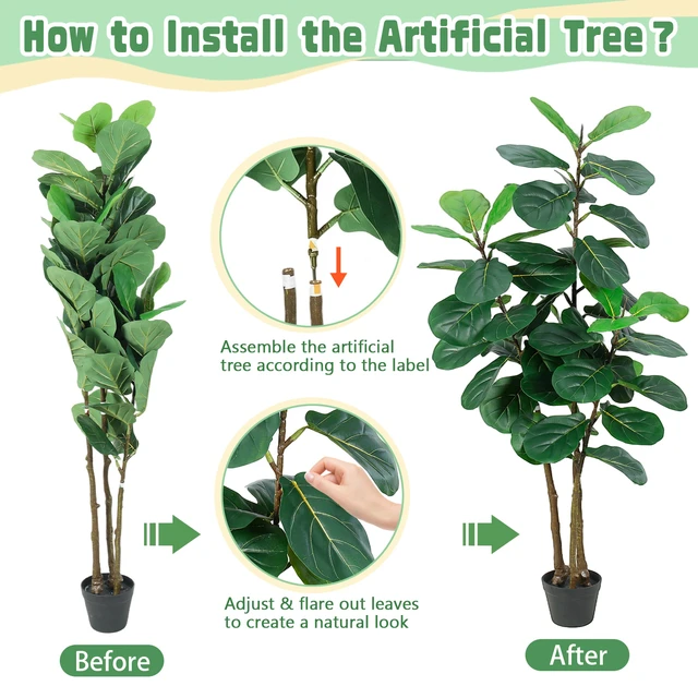Alt view image 4 of 7 - Artificial Fiddle Leaf Fig Tree with Planter Fake Trees Tall Faux Ficus Lyrata Floor Plants for Indoor Decor Living