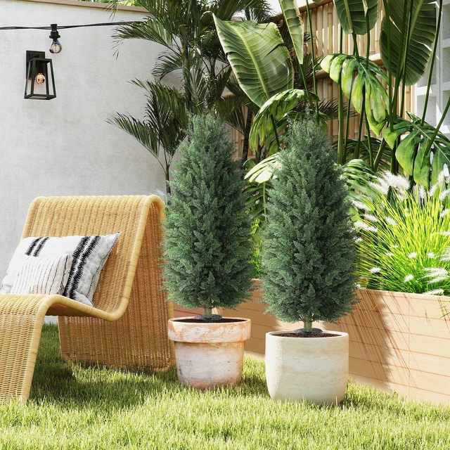 Alt view image 3 of 7 - 43.3 Inch Set Artificial Topiary Cedar Trees, Indoor Outdoor Faux Shrubs Plants Resistant Realistic Artificial Bushes