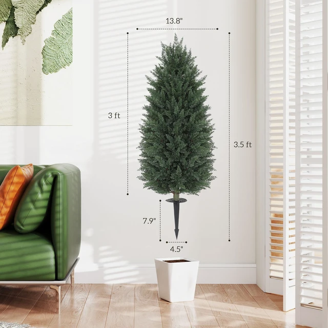 Alt view image 7 of 7 - 43.3 Inch Set Artificial Topiary Cedar Trees, Indoor Outdoor Faux Shrubs Plants Resistant Realistic Artificial Bushes