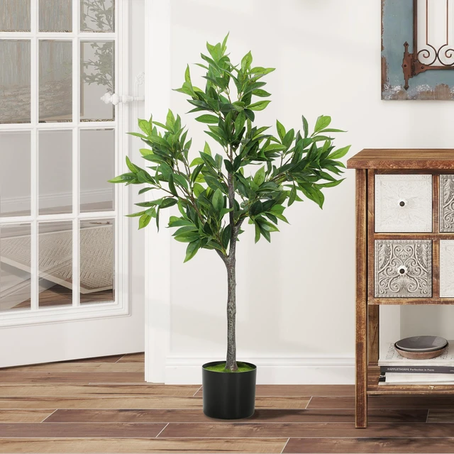Alt view image 3 of 7 - Lifelike Artificial Laurel Tree, Fake Tree with Leaves and Flocked Soil Potted Fake Plant for Decor, Grey Green, Paper