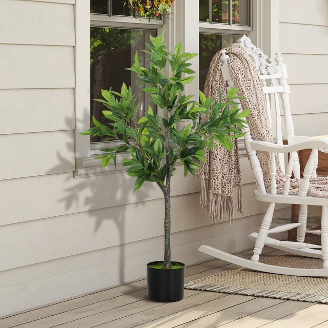 Alt view image 2 of 7 - Lifelike Artificial Laurel Tree, Fake Tree with Leaves and Flocked Soil Potted Fake Plant for Decor, Grey Green, Paper
