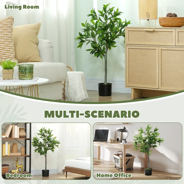 Alt view image 5 of 7 - Lifelike Artificial Laurel Tree, Fake Tree with Leaves and Flocked Soil Potted Fake Plant for Decor, Grey Green, Paper