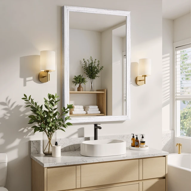 Alt view image 5 of 5 - 24 Rectangle Effect Wall-Mounted Mirror, White, Glass