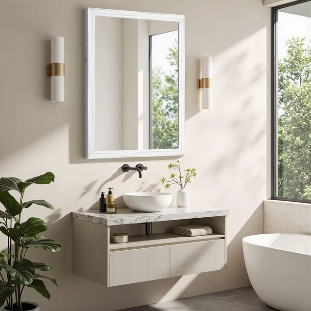 Main image of 24 Rectangle Effect Wall-Mounted Mirror, White, Glass