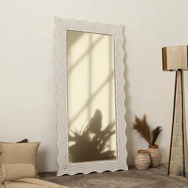 Main image of Solid Handcarved Wave Design Rectangle Mirror Inchx, Antique White, Wood and Glass, Wall Mirrors