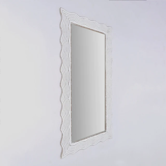 Alt view image 3 of 6 - Solid Handcarved Wave Design Rectangle Mirror Inchx, Antique White, Wood and Glass, Wall Mirrors