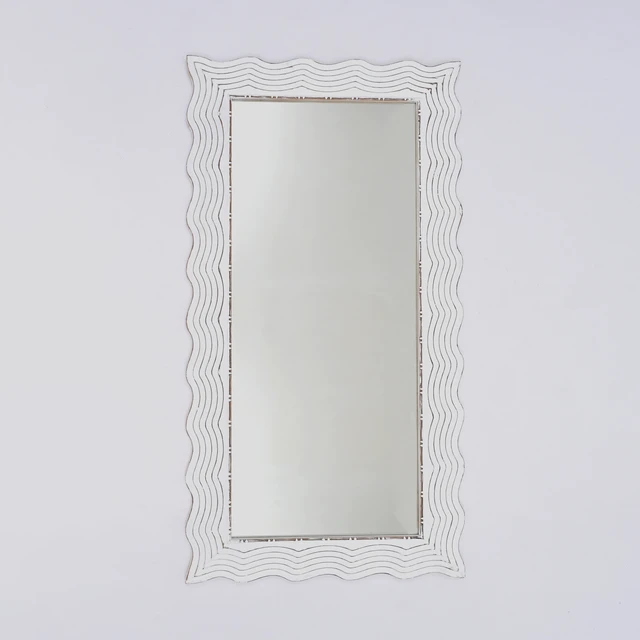 Alt view image 2 of 6 - Solid Handcarved Wave Design Rectangle Mirror Inchx, Antique White, Wood and Glass, Wall Mirrors
