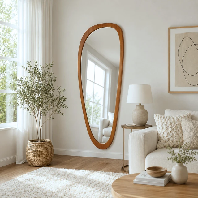 Alt view image 2 of 7 - Inchx26.4 Inch Irregular Teardrop Shaped Solid Wooden Framed Mirror, Abstract Asymmetrical Decorative Wall Mirror