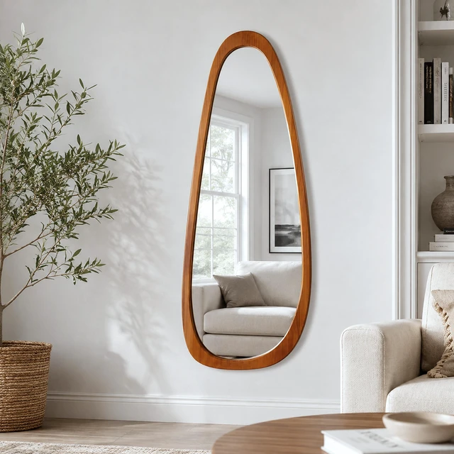Main image of Inchx26.4 Inch Irregular Teardrop Shaped Solid Wooden Framed Mirror, Abstract Asymmetrical Decorative Wall Mirror