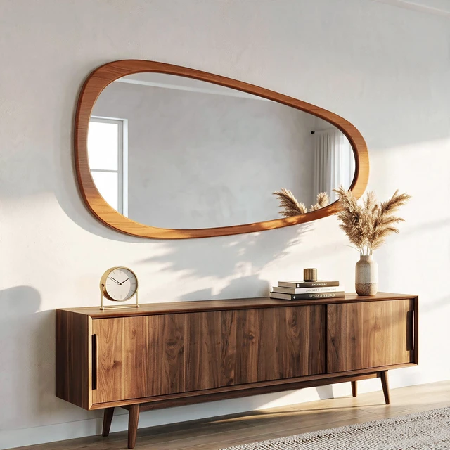 Alt view image 4 of 7 - Inchx26.4 Inch Irregular Teardrop Shaped Solid Wooden Framed Mirror, Abstract Asymmetrical Decorative Wall Mirror