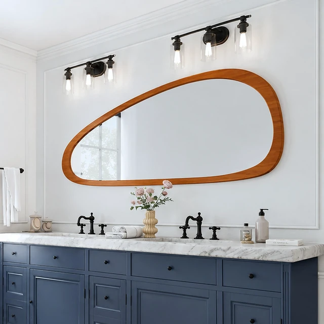 Alt view image 5 of 7 - Inchx26.4 Inch Irregular Teardrop Shaped Solid Wooden Framed Mirror, Abstract Asymmetrical Decorative Wall Mirror