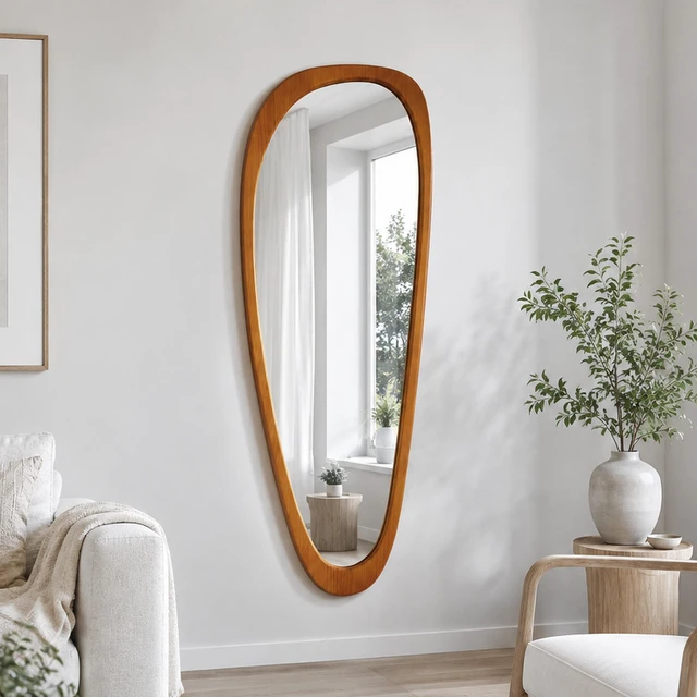 Alt view image 7 of 7 - Inchx26.4 Inch Irregular Teardrop Shaped Solid Wooden Framed Mirror, Abstract Asymmetrical Decorative Wall Mirror