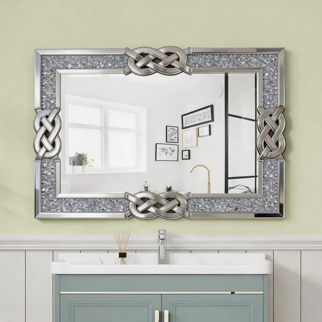 Alt view image 2 of 7 - Crushed Diamond Mirrored Wall Mirror, Rectangle Decorative Vanity Mirror with Intertwined Knot Frame Sparkly Crystal