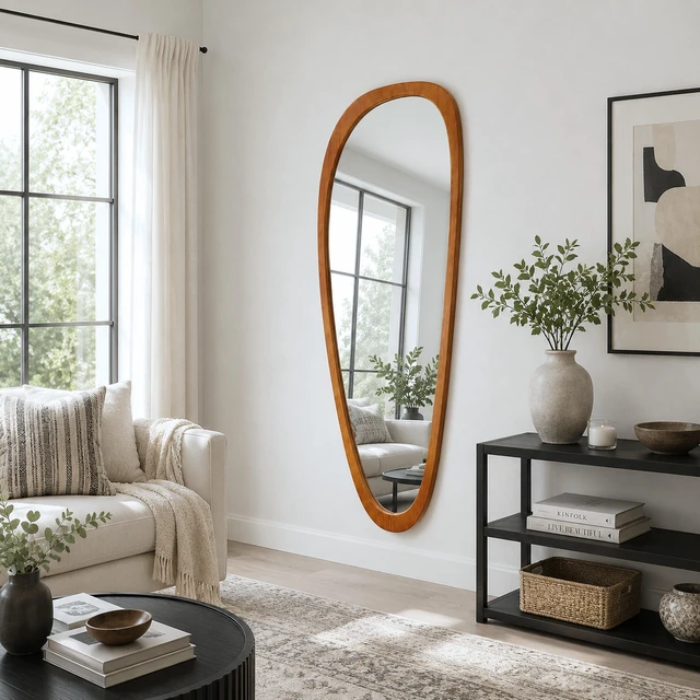 Alt view image 6 of 7 - Inchx26.4 Inch Irregular Teardrop Shaped Solid Wooden Framed Mirror, Abstract Asymmetrical Decorative Wall Mirror