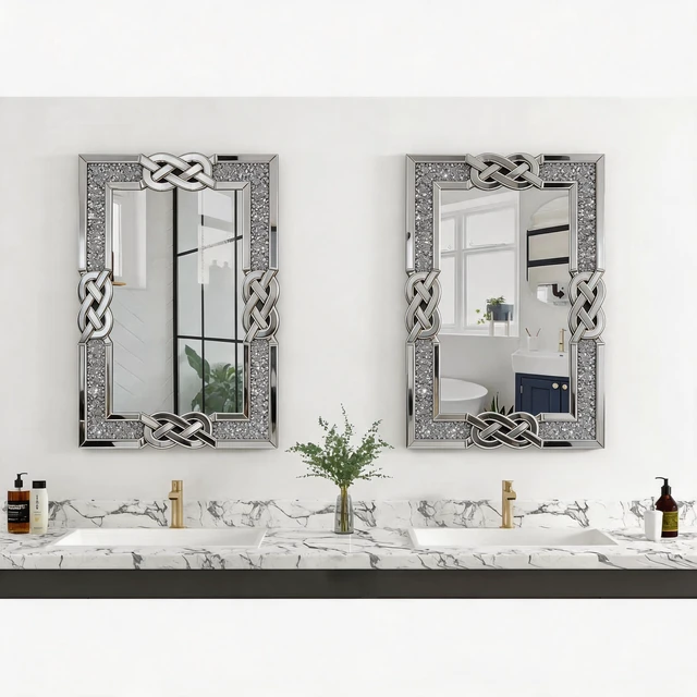Alt view image 4 of 7 - Crushed Diamond Mirrored Wall Mirror, Rectangle Decorative Vanity Mirror with Intertwined Knot Frame Sparkly Crystal