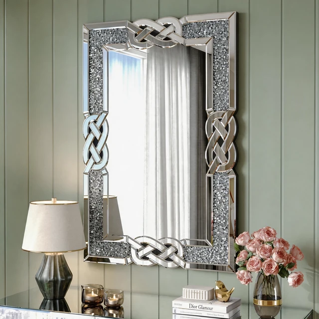Alt view image 3 of 7 - Crushed Diamond Mirrored Wall Mirror, Rectangle Decorative Vanity Mirror with Intertwined Knot Frame Sparkly Crystal