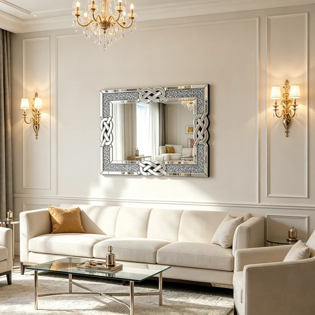 Alt view image 5 of 7 - Crushed Diamond Mirrored Wall Mirror, Rectangle Decorative Vanity Mirror with Intertwined Knot Frame Sparkly Crystal