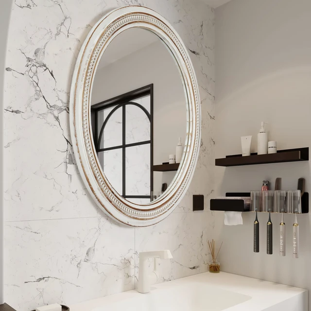 Alt view image 6 of 7 - Round Wall Mirror, 27.56 Inch Decorative Distressed White Frame Mirror with Ornate Beaded Trim for Living Entryway