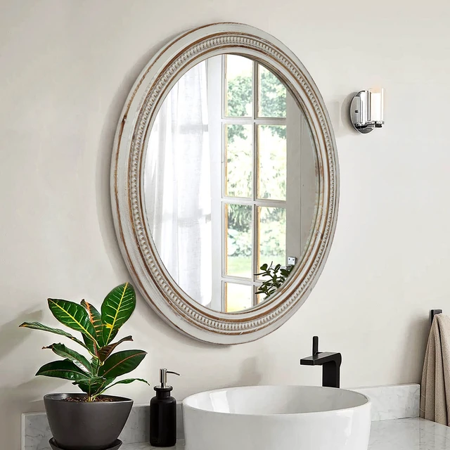 Alt view image 4 of 7 - Round Wall Mirror, 27.56 Inch Decorative Distressed White Frame Mirror with Ornate Beaded Trim for Living Entryway