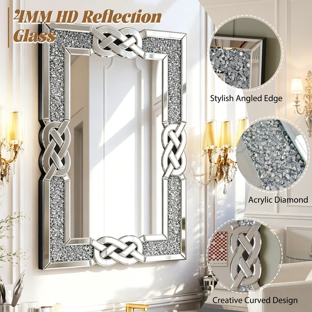 Alt view image 7 of 7 - Crushed Diamond Mirrored Wall Mirror, Rectangle Decorative Vanity Mirror with Intertwined Knot Frame Sparkly Crystal