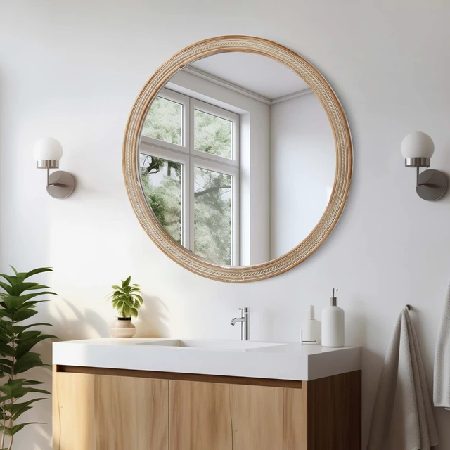 Alt view image 2 of 7 - Round Decorative Wall Mirror with Woven Rattan Textured Frame, Accent Mirror for Vanity Living Easy Wall Mount Design