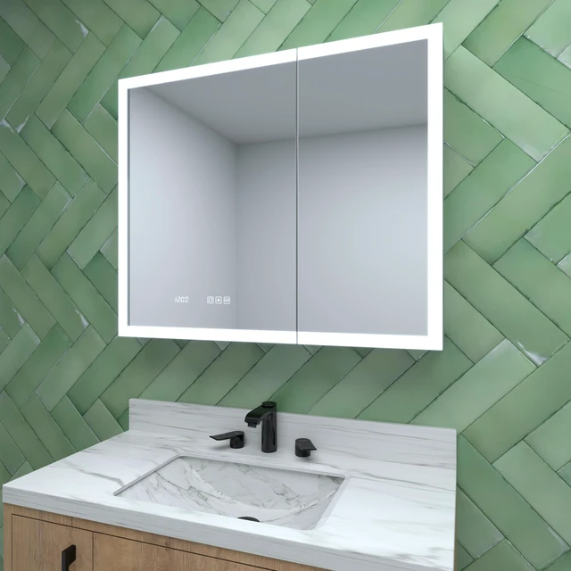 Alt view image 3 of 7 - 36 in 30 in Rectangular Aluminum Recessed Surface Mount Medicine Cabinet with Mirror LED and Clock, Silver