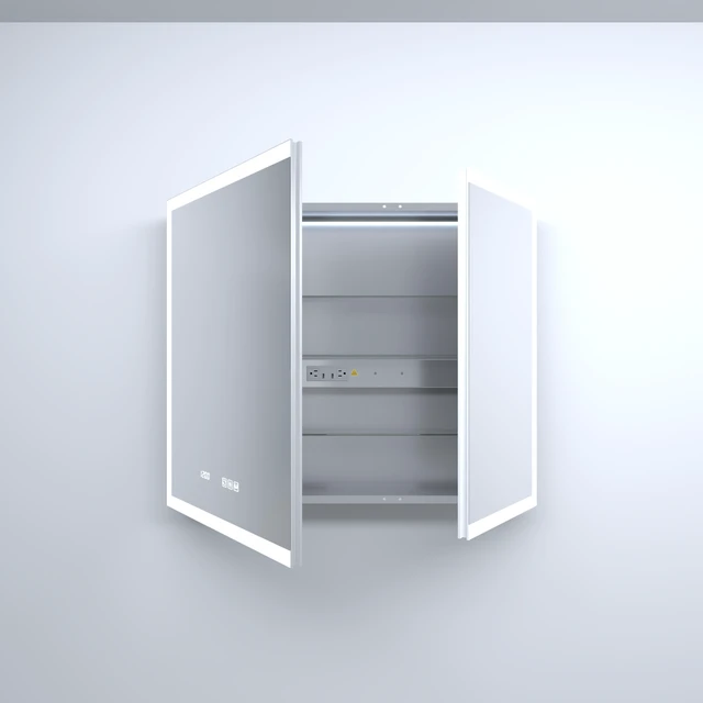 Alt view image 4 of 7 - 36 in 30 in Rectangular Aluminum Recessed Surface Mount Medicine Cabinet with Mirror LED and Clock, Silver