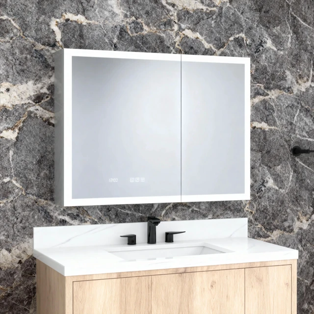 Alt view image 2 of 7 - 36 in 30 in Rectangular Aluminum Recessed Surface Mount Medicine Cabinet with Mirror LED and Clock, Silver