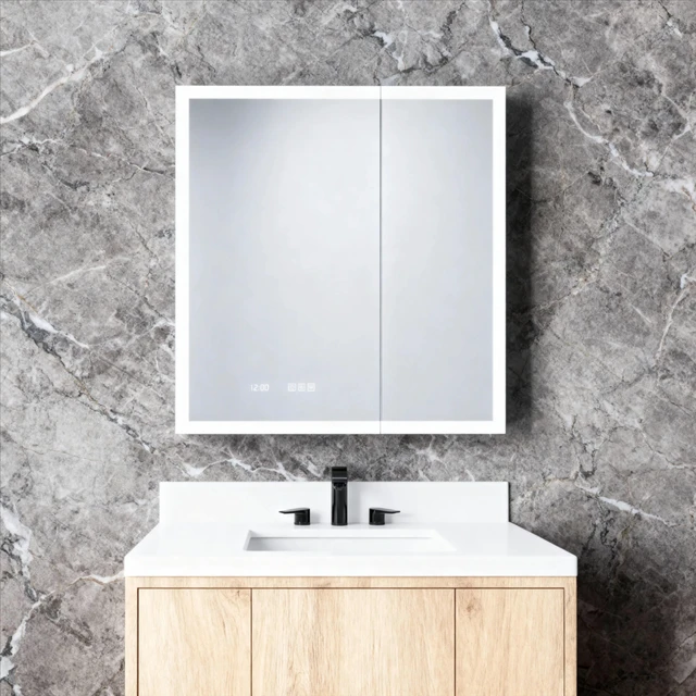 Main image of 36 in 30 in Rectangular Aluminum Recessed Surface Mount Medicine Cabinet with Mirror LED and Clock, Silver