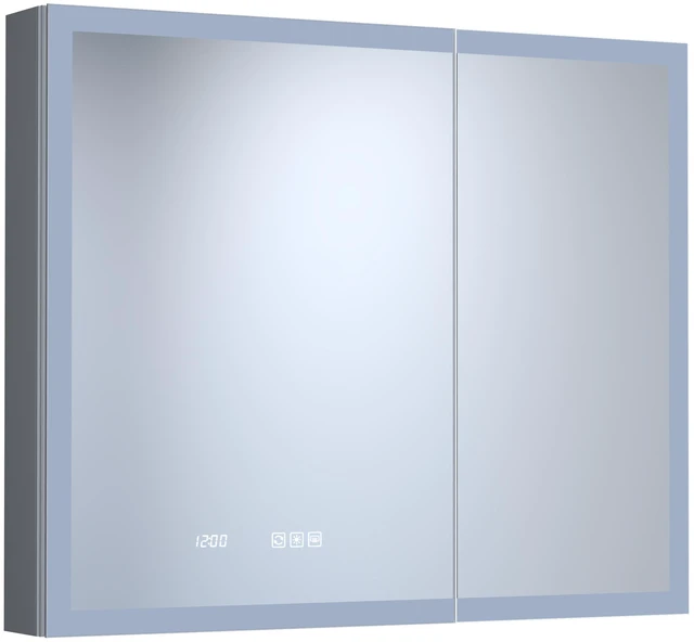 Alt view image 5 of 7 - 36 in 30 in Rectangular Aluminum Recessed Surface Mount Medicine Cabinet with Mirror LED and Clock, Silver