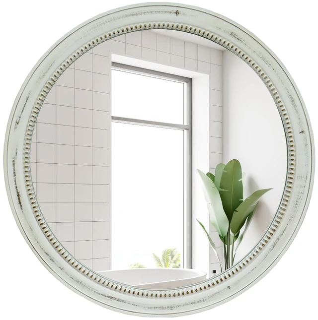 Alt view image 5 of 7 - Round Distressed Beaded Wall Mirror, 35.43 Inch Accent Mirror for Entryway Shabby Decorative Natural Wood, Metal