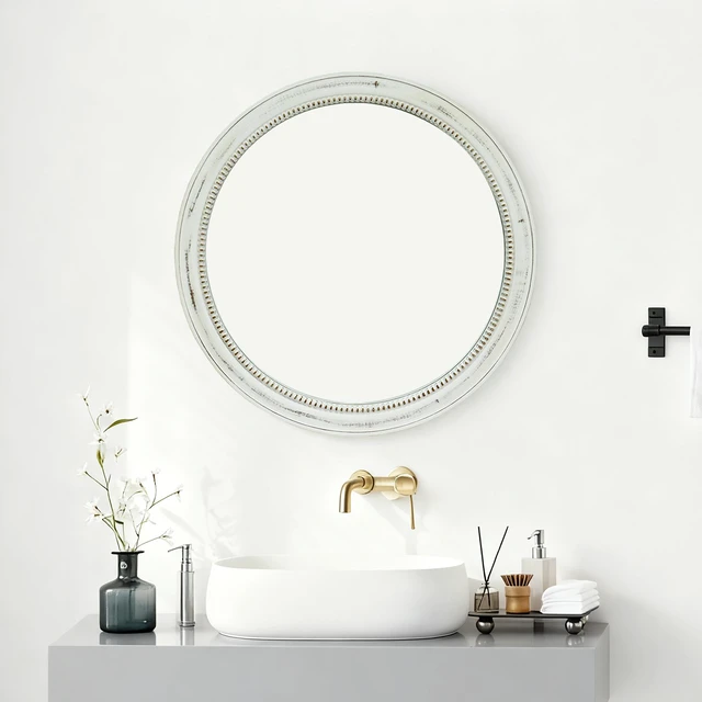 Alt view image 6 of 7 - Round Distressed Beaded Wall Mirror, 35.43 Inch Accent Mirror for Entryway Shabby Decorative Natural Wood, Metal