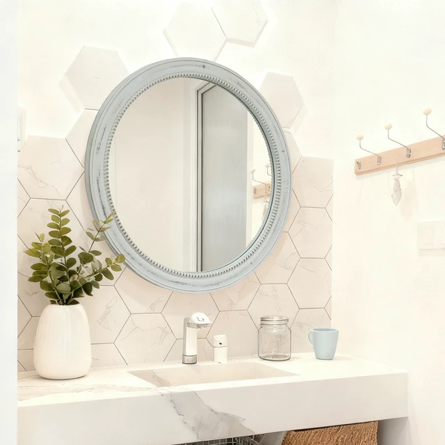 Alt view image 7 of 7 - Round Distressed Beaded Wall Mirror, 35.43 Inch Accent Mirror for Entryway Shabby Decorative Natural Wood, Metal