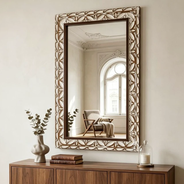 Alt view image 2 of 7 - ×47.24 Inch Rectangular Carved Leaf Wall Mirror, Distressed Two Tone MDF Framed Silver Vanity Mirror Bohemian Ornate