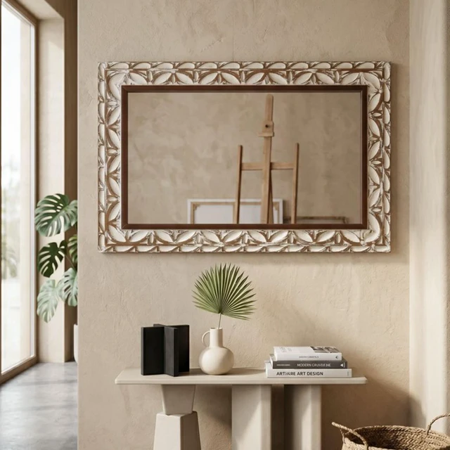 Alt view image 3 of 7 - ×47.24 Inch Rectangular Carved Leaf Wall Mirror, Distressed Two Tone MDF Framed Silver Vanity Mirror Bohemian Ornate