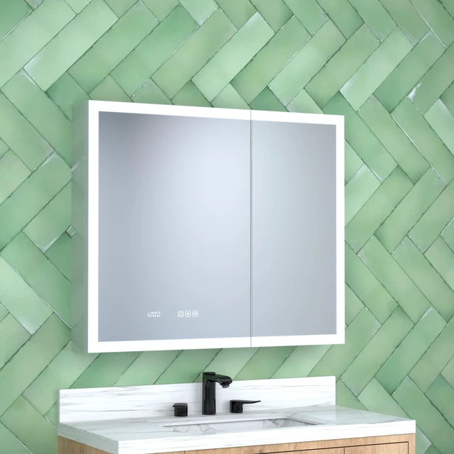 Alt view image 6 of 7 - 36 in 30 in Rectangular Aluminum Recessed Surface Mount Medicine Cabinet with Mirror LED and Clock, Silver