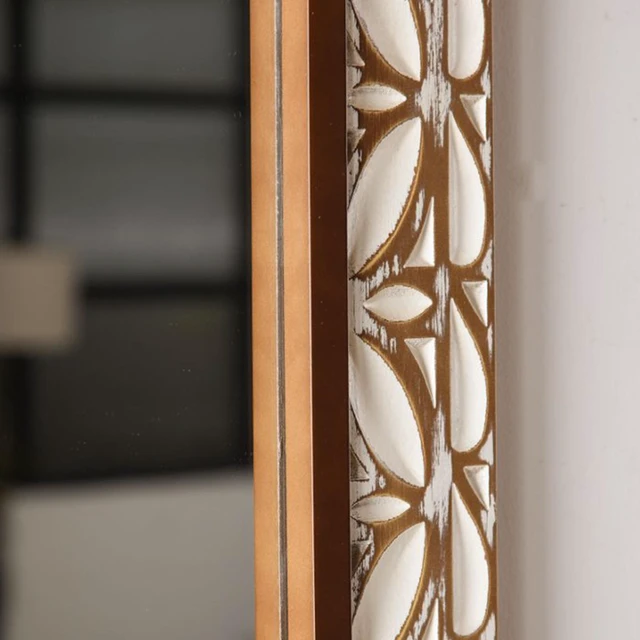 Alt view image 5 of 7 - ×47.24 Inch Rectangular Carved Leaf Wall Mirror, Distressed Two Tone MDF Framed Silver Vanity Mirror Bohemian Ornate