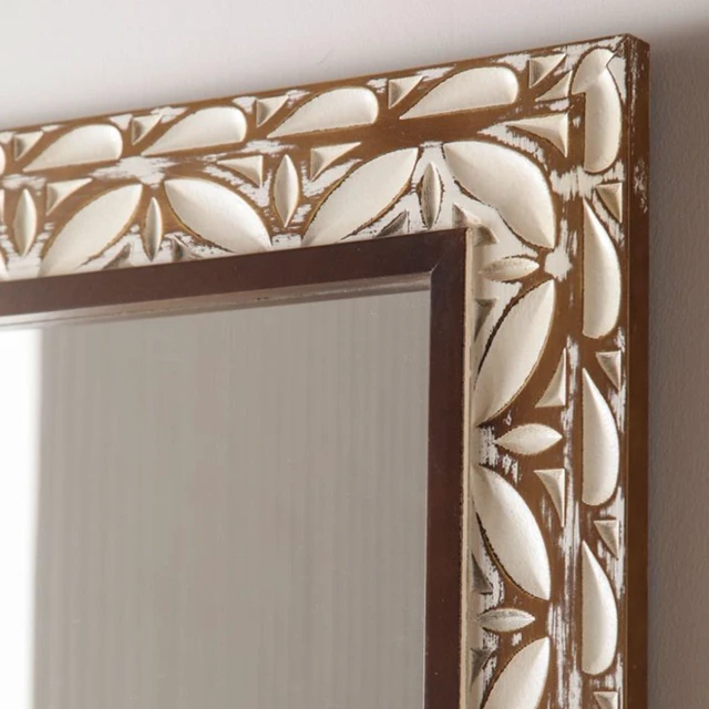 Alt view image 6 of 7 - ×47.24 Inch Rectangular Carved Leaf Wall Mirror, Distressed Two Tone MDF Framed Silver Vanity Mirror Bohemian Ornate